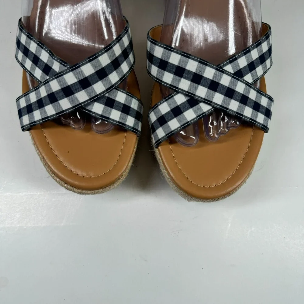 J.Crew Women's US 8.5 Navy Blue Gingham Flatform Espadrille Wedge Sandals L4669